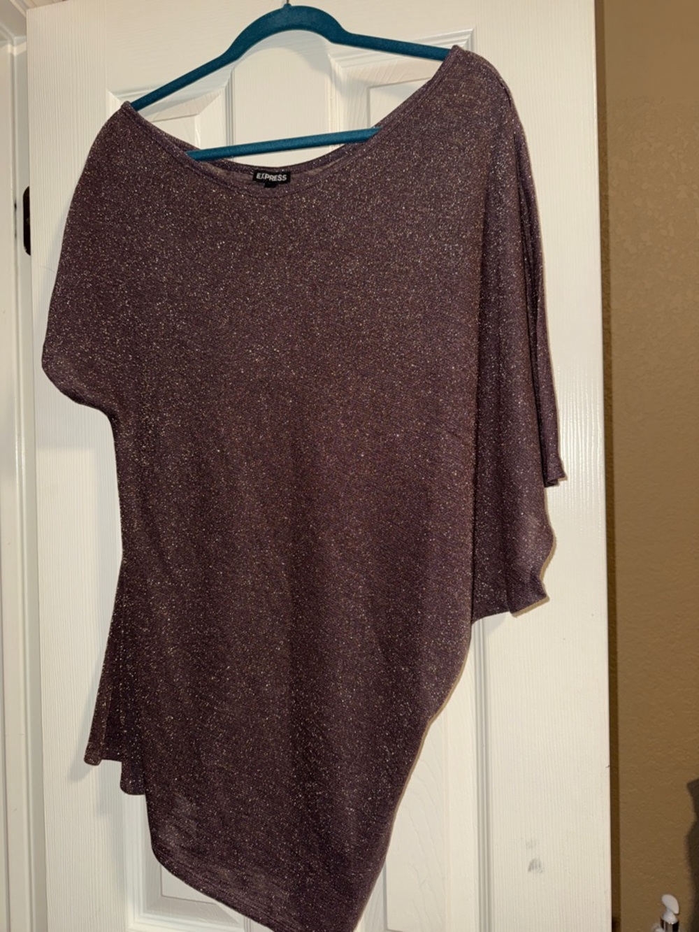 Express Glitter Knit One-Shoulder Top in Brown with Gold metallic